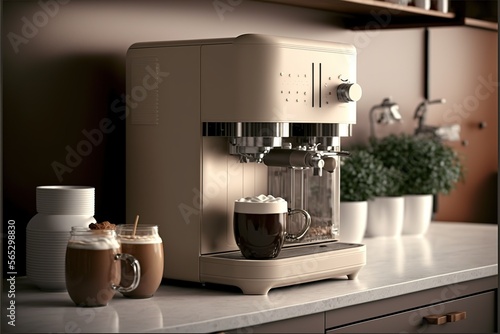 Modern Kitchen With Coffee Machine And Latte Coffee Cups On Counter Generative AI