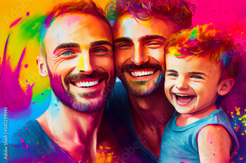 Happy homosexual family, two men and a baby, loving gay couple with child, ai illustration