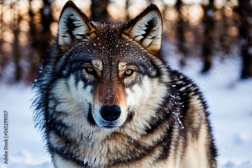 Photo of majestic wolf in a winter landscape looking at the camera