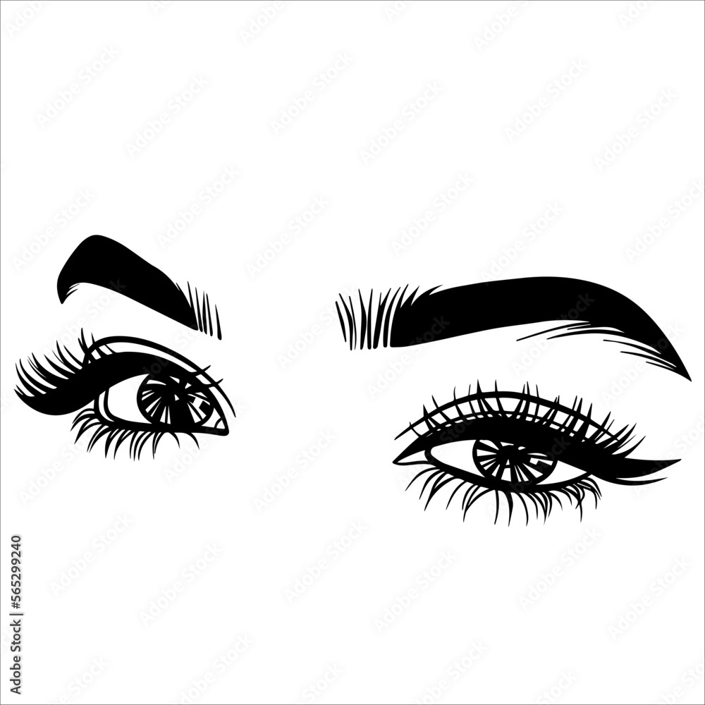 Illustration with female eyes, eyelashes and eyebrows. Realistic sexy makeup. Tattoo design. Logo for eyebrow bar or eyelash salon. Vector illustration Illustration with female eyes, eyelashes and eyebrows. Realistic sexy makeup. Tattoo design. Logo for eyebrow bar or eyelash salon. Vector illustration