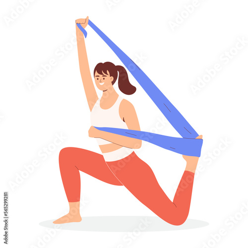 Young woman workout with elastic band, cartoon, character