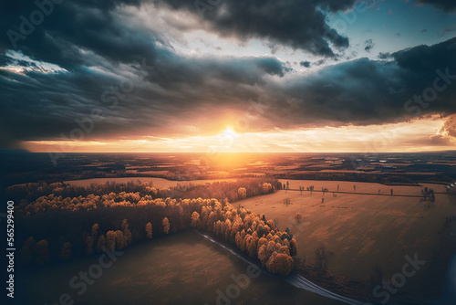 Drone view of landscape with sunset