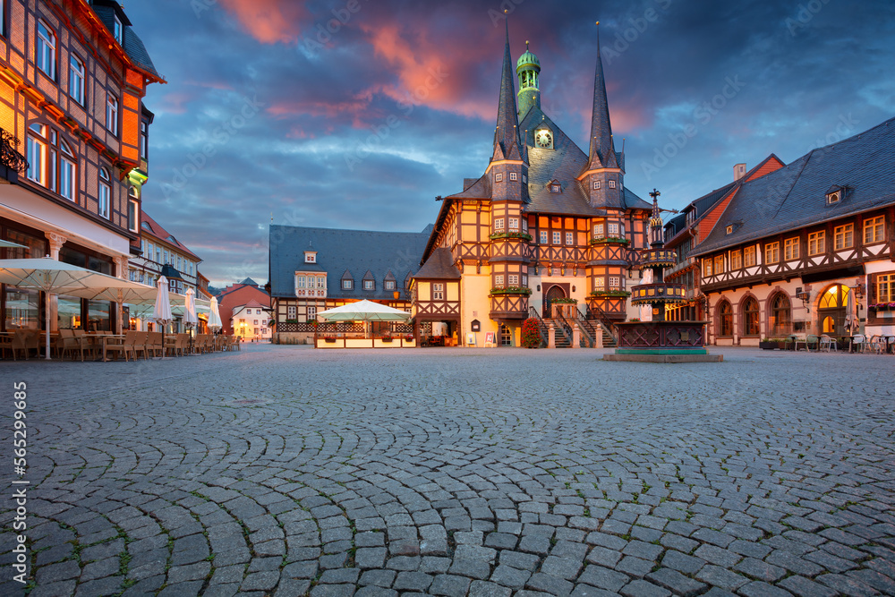 Wernigerode, Germany. Cityscape image of historical downtown of Wernigerode, Germany with Old Town Hall at summer sunrise.