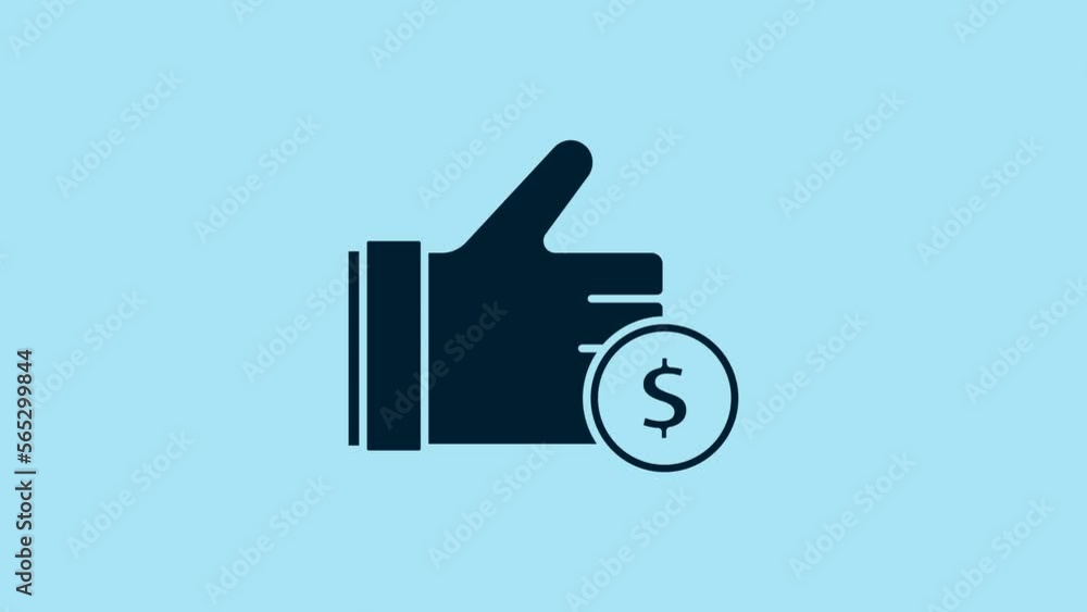 Blue Hand holding coin icon isolated on blue background. Dollar or USD symbol. Cash Banking currency sign. 4K Video motion graphic animation Blue Hand holding coin icon isolated on blue background. Dollar or USD symbol. Cash Banking currency sign. 4K Video motion graphic animation