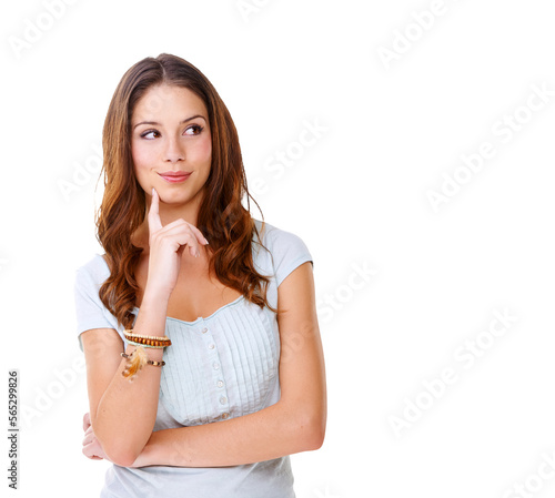 Quadro su tela Portrait of a young woman thinking with her finger on her chin Isolated on a PNG background