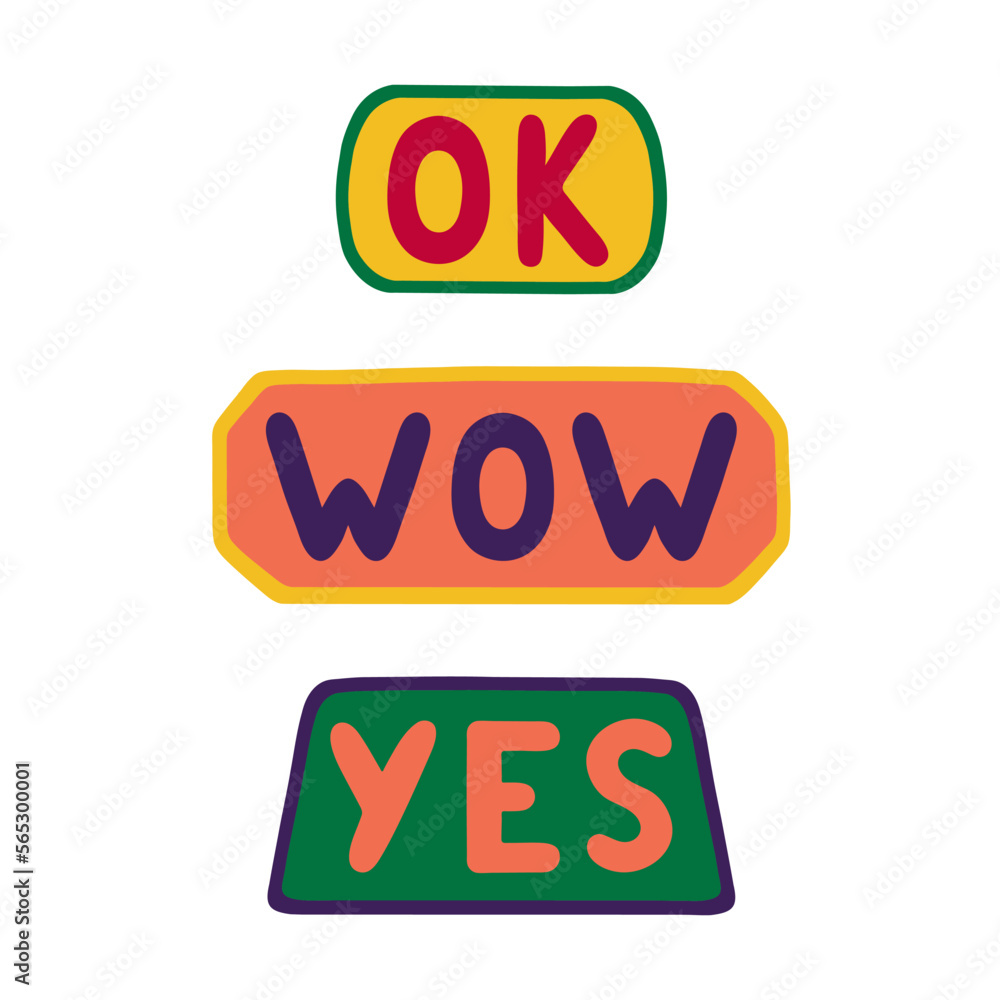 Vector cute funny patches or stickers in 90s style with ok, wow, yes. Trendy kidcore designs for banners, social media marketing, covers Vector cute funny patches or stickers in 90s style with ok, wow, yes. Trendy kidcore designs for banners, social media marketing, covers