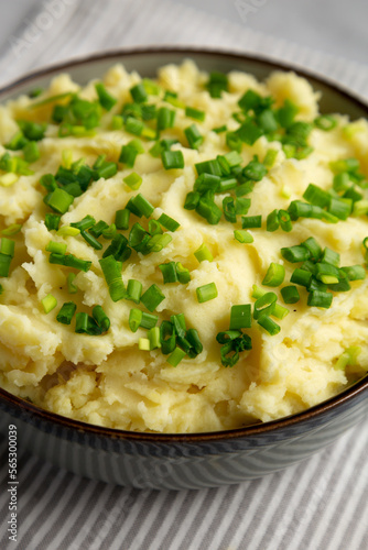Homemade Mashed Potatoes with Chives in a Bowl, side view. Close-up.