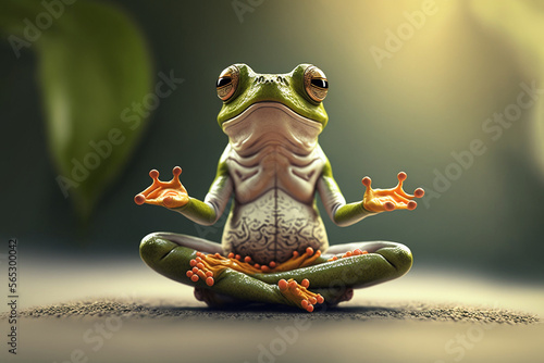 Green frog doing yoga pose, mindfullness concept, new year's resolution. Generative ai photo