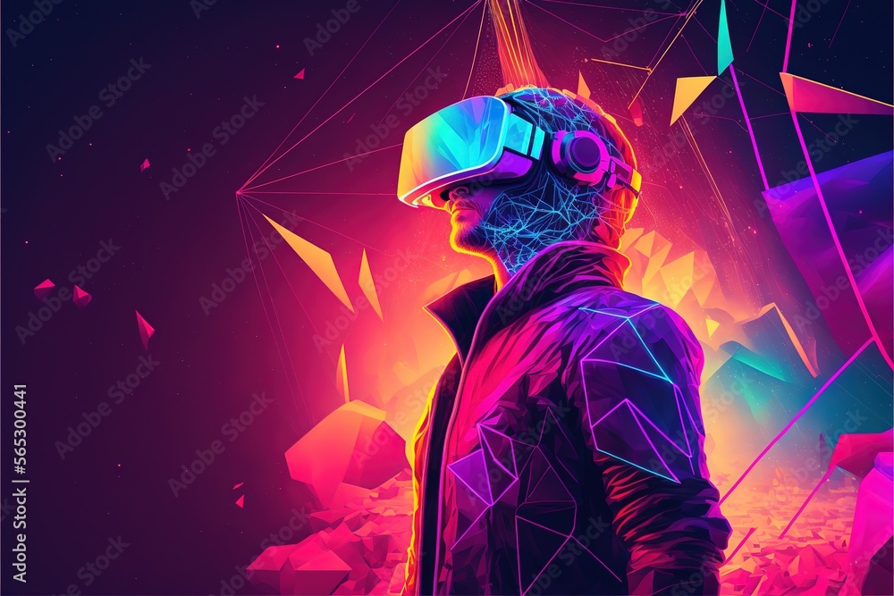 A person with advanced technology parts as vr visors and gadgets in action in a polygon synthwave environment. Futuristic cyberpunk AI. Generative AI image A person with advanced technology parts as vr visors and gadgets in action in a polygon synthwave environment. Futuristic cyberpunk AI. Generative AI image