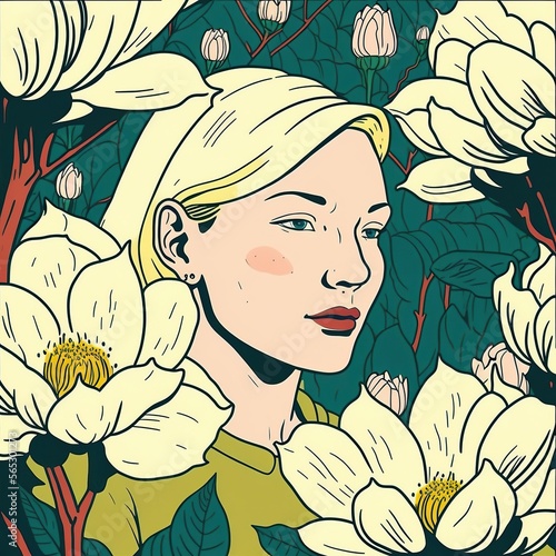 Portrait of young blond hair woman and magnolia flowers. Generative AI art