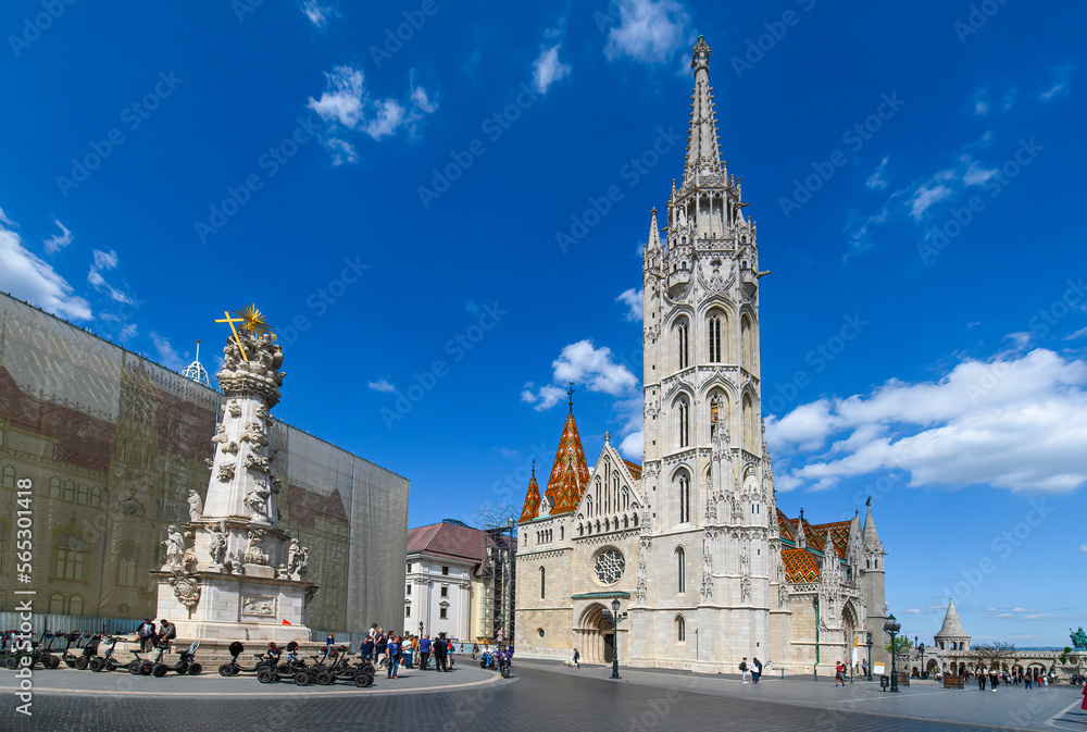 Matthias Church, a church located in Budapest, Hungary, in front of the Fisherman's Bastion at the heart of Buda's Castle District.	
