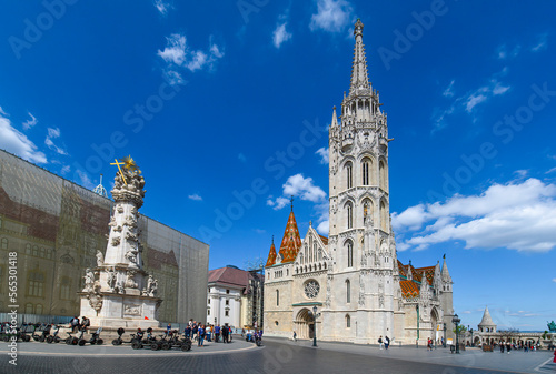 Matthias Church, a church located in Budapest, Hungary, in front of the Fisherman's Bastion at the heart of Buda's Castle District. 