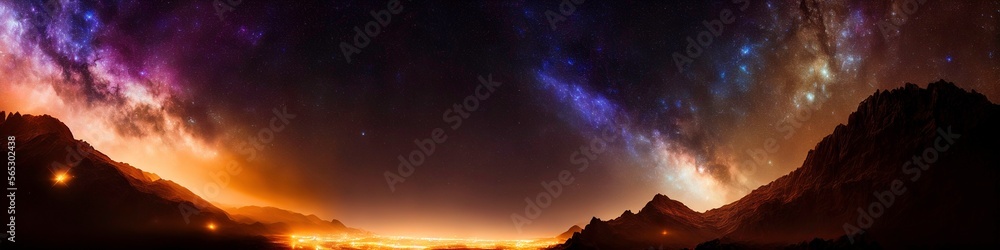 Illustration of a infinite galaxy in the sky above mounatins while viewing it from earth 