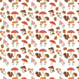 Seamless pattern with lovely hand-drawn hedgehogs, squirrels, mushrooms and leaves. Autumn Seamless Pattern.
