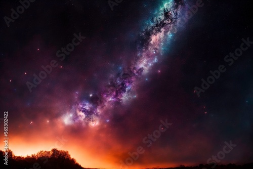 Ultrawide illustration of a infinite galaxy in the sky above trees while viewing it from earth 