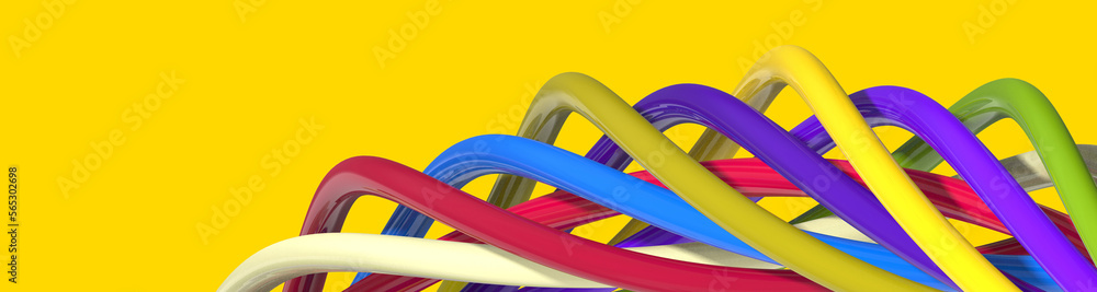 Abstract image. Elements of different colors form a spiral. Multicolored spiral. Horizontal image. Banner for insertion into site. 3D image. 3D rendering.