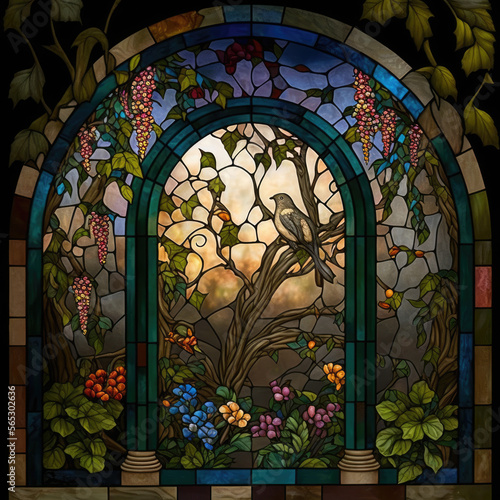 Stunning stained glass window illustration in a garden setting Generative AI Technology