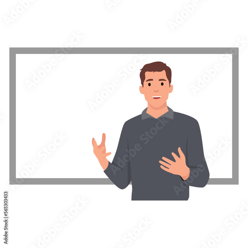 A vector illustration of business coach Talking in front of white board. Flat vector illustration isolated on white background