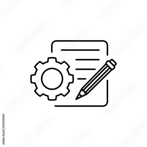Process description icon. A gear, a piece of paper and a pencil. Linear vector illustration.