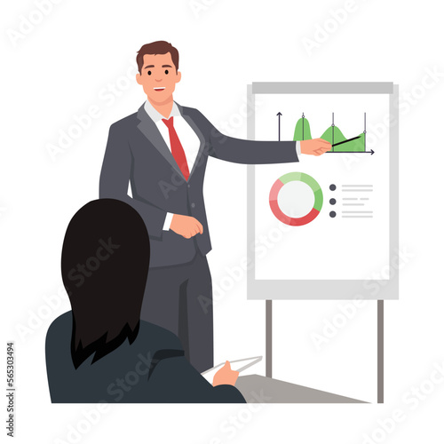 Young man manager employee presenting new business strategy project to higher rank executives or directors board. Flat vector illustration isolated on white background