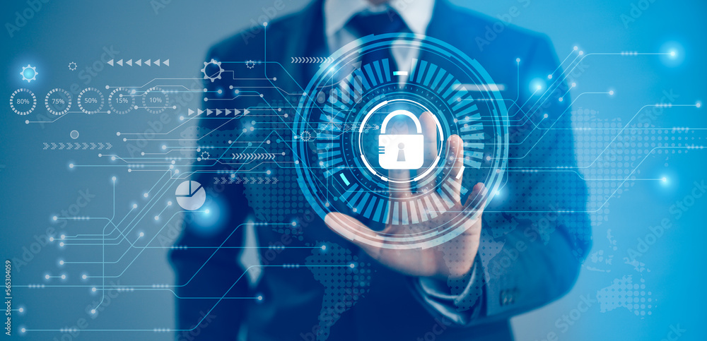 Obraz premium Business and technology. Businessman touching on lock icon to protect digital data. 