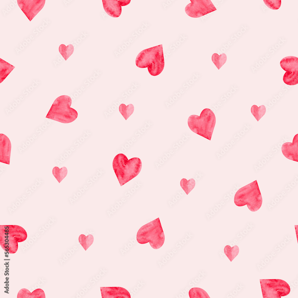 Watercolor seamless pattern with  red hearts. Hand drawn illustration isolated on pink background.