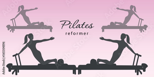 Pilates. Silhouette of a girl doing Pilates on a simulator. Vector illustration