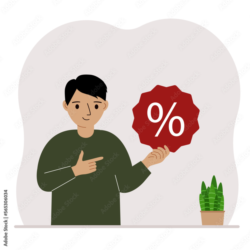 A small child holds a percent sign in his hand. The concept of percentage, discount, promotion for training or shopping. A small child holds a percent sign in his hand. The concept of percentage, discount, promotion for training or shopping.