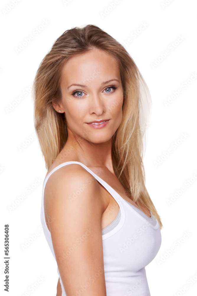 Portrait of a beautiful blond woman smiling and looking at the camera Isolated on a PNG background. Portrait of a beautiful blond woman smiling and looking at the camera Isolated on a PNG background.