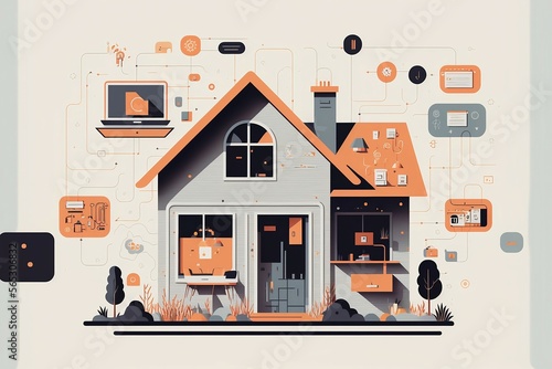 Illustration of a house connected to the internet with Generative AI technology photo