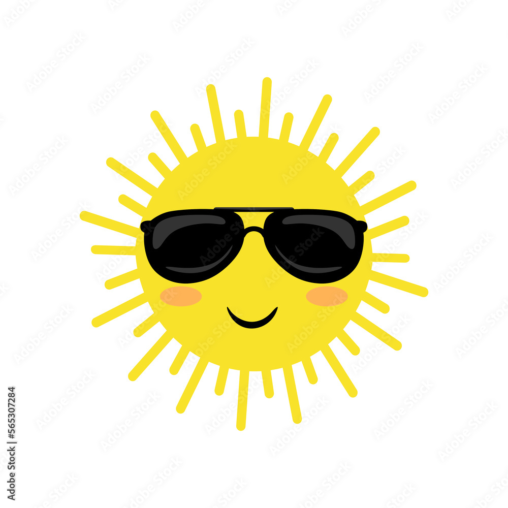 Happy face sun with sunglasses. flat style. Cartoon Sun isolated. Summer concept. vector illustration 