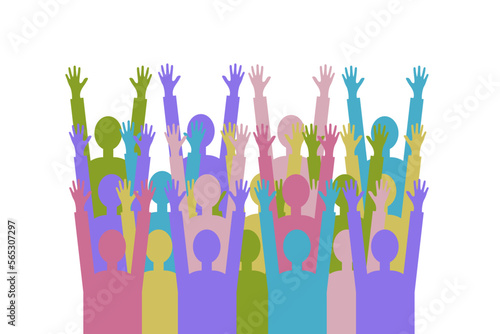 People, team, crowd.A group of people of different colors with raised hands as a symbol of joy, unity, protest, strength, victory, success.Isolated background
