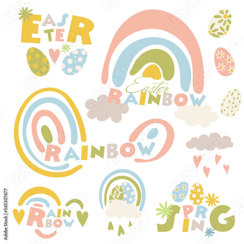 Cute set of colorful rainbows. Collection of children's flat vector illustrations. Perfect for kids, posters, prints, postcards, fabric. Delicate colors and rainbow inscriptions. Print