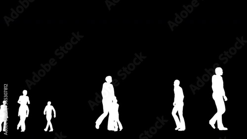 Silhouettes of people are walking on a black background