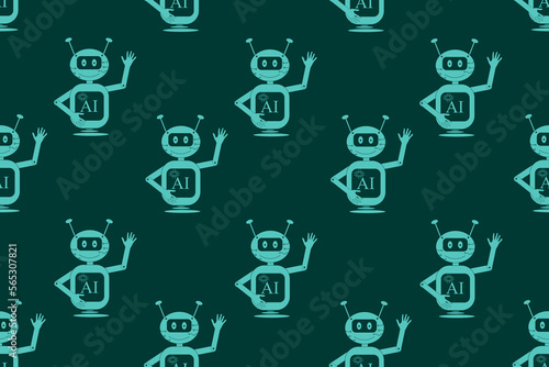 Seamless pattern with green alien bio robot with inscription ai. Wallpaper and fabric print for digital company. Artificial intelligence endless backdrop.