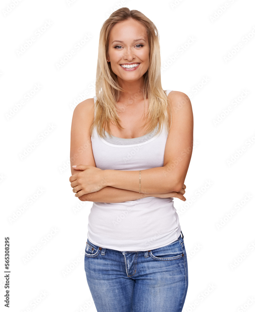 A gorgeous young woman smiling with her arms folded Isolated on a PNG background. A gorgeous young woman smiling with her arms folded Isolated on a PNG background.