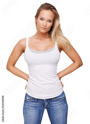 A gorgeous young woman standing with her hands on her hips Isolated on a PNG background. © peopleimages.com
