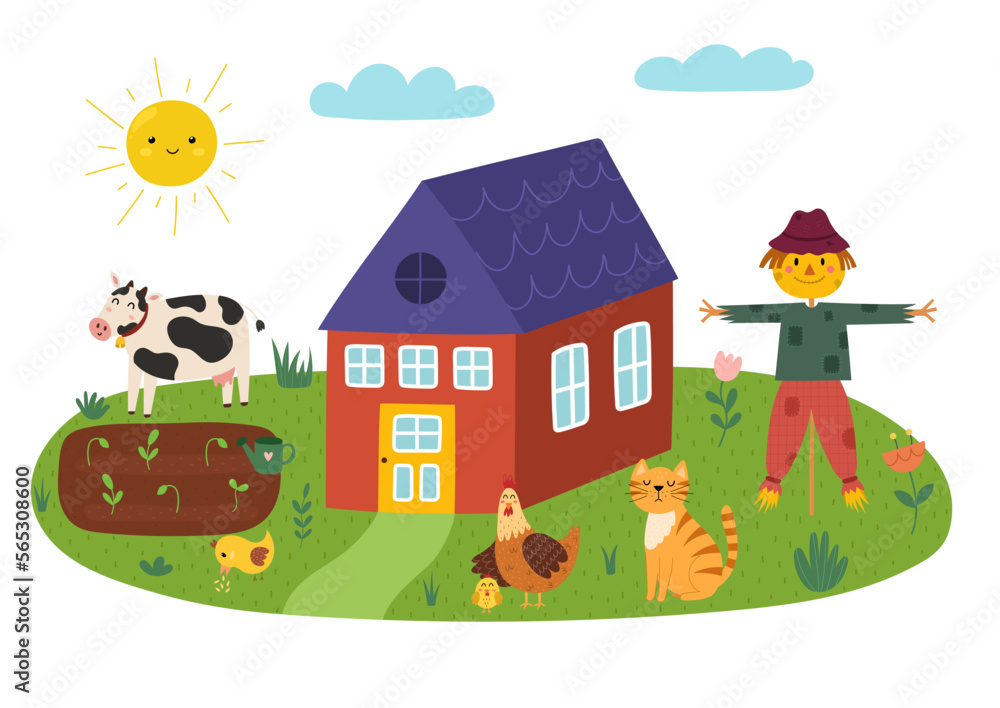 Cute farm landscape with scarecrow, hen, cat, cow and farmhouse. Summer green meadow in cartoon style isolated on white background. Garden vector illustration Cute farm landscape with scarecrow, hen, cat, cow and farmhouse. Summer green meadow in cartoon style isolated on white background. Garden vector illustration