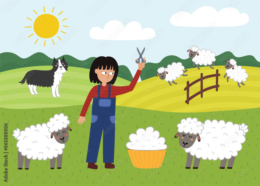 On the farm poster with cute animals. Girl shearing sheep and making wool on a green meadow. Pasture landscape with sheep characters. Countryside background. Vector illustration On the farm poster with cute animals. Girl shearing sheep and making wool on a green meadow. Pasture landscape with sheep characters. Countryside background. Vector illustration