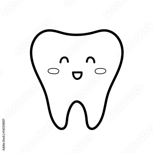 Happy smiling tooth in black and white. Healthy dental character coloring page for kids. Vector illustration