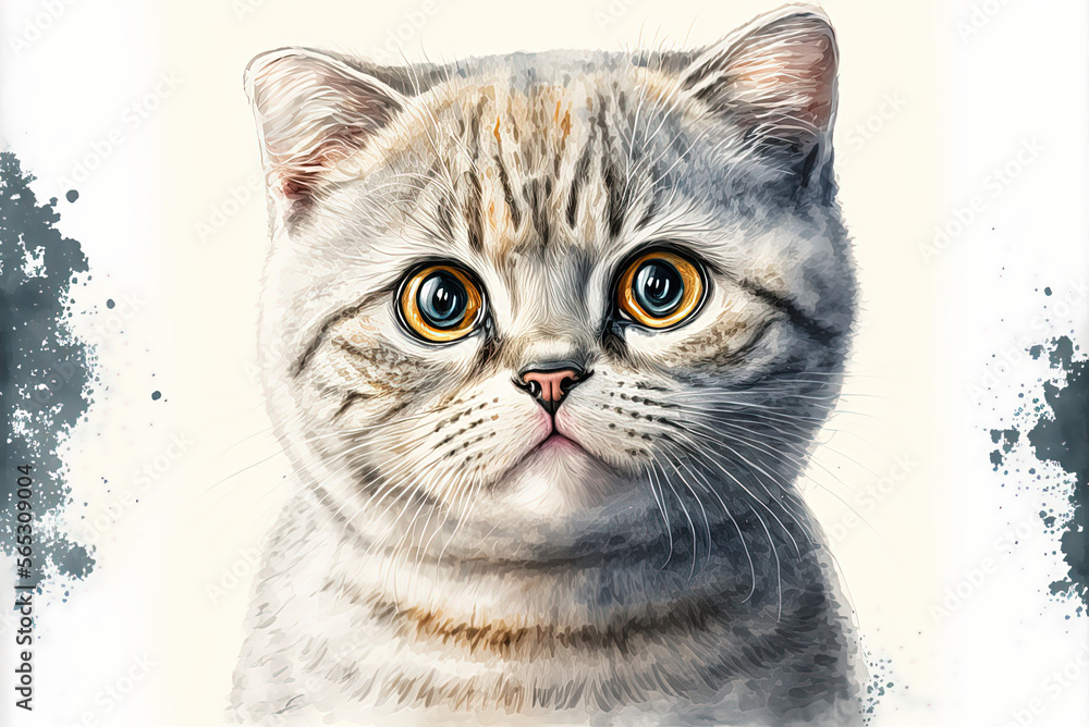 Portrait of cute kitten. Watercolor painting. Generative AI.