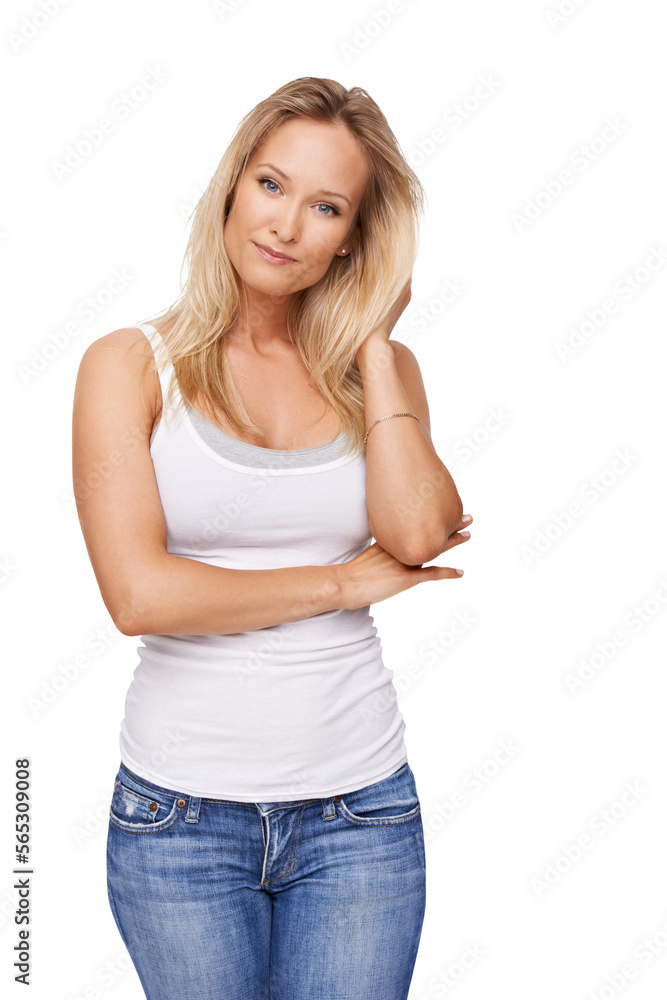 Portrait of a beautiful young woman standing in casual and touching her hair Isolated on a PNG background. Portrait of a beautiful young woman standing in casual and touching her hair Isolated on a PNG background.