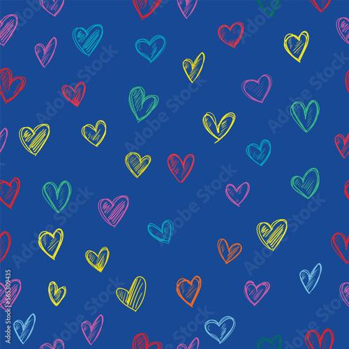 Seamless vector pattern on a bright blue background multicolored hearts. For a declaration of love or Valentine's Day. 