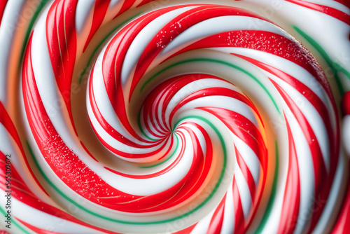 Candy cane swirling radial background. Close up view of ice cream or lollipop with depth of field. Generative AI