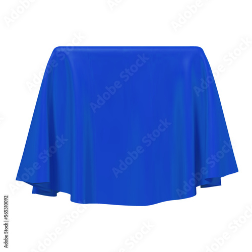 Blue fabric covering a cube or rectangular shape, isolated on white background. Can be used as a stand for product display, draped table. Vector illustration