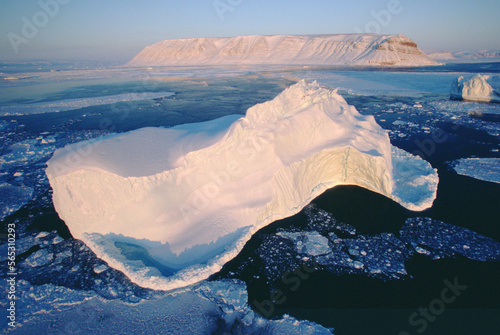 Giant icebergs drift in open water. photo