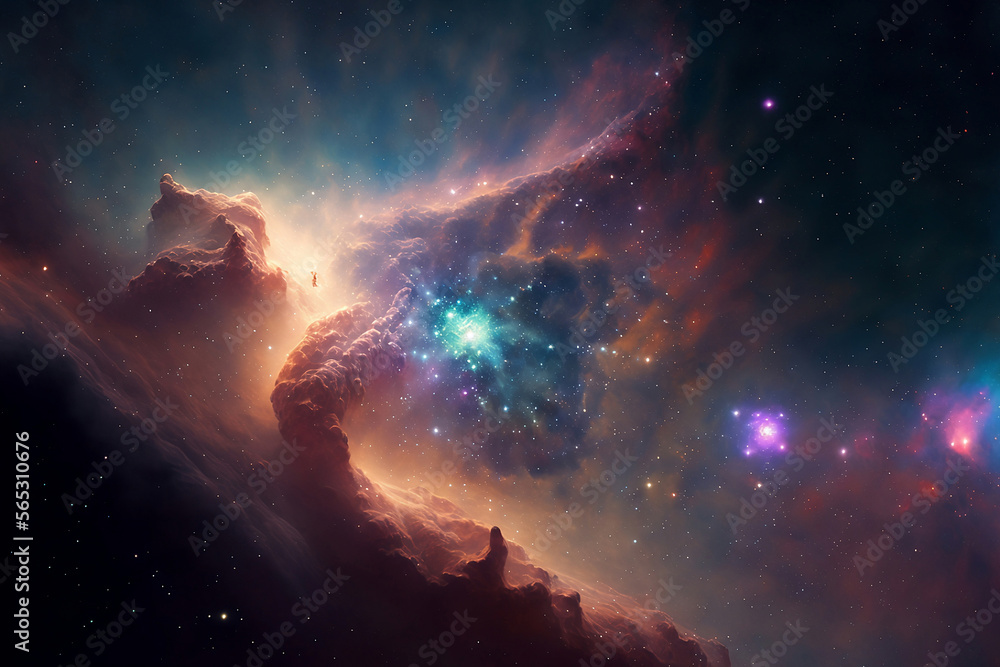 Colorful cosmos full of stars and piercing light. Background with galaxy and nebula. Cloudy clouds. Backdrop for your desktop or wallpaper. Graphic design illustration. 