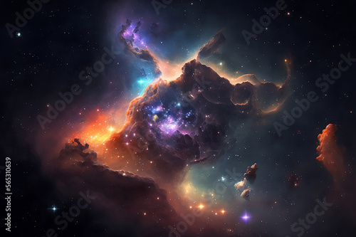 Colorful cosmos full of stars and piercing light. Background with galaxy and nebula. Cloudy clouds. Backdrop for your desktop or wallpaper. Graphic design illustration.  © pawczar