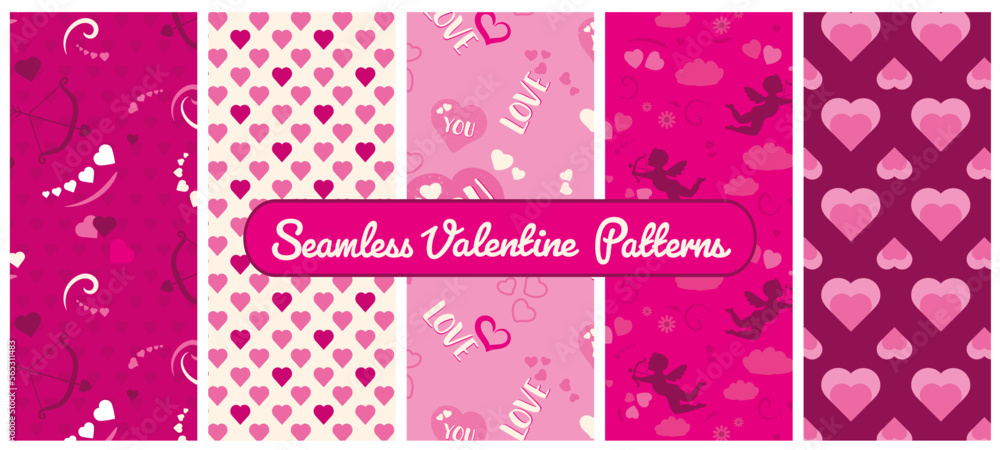 Hearts and cupid valentine patterns, seamless vector set for valentine's day, pink and romantic
