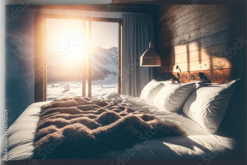 comfortable cocooning bed in winter in a wooden chalet in the mountains photo